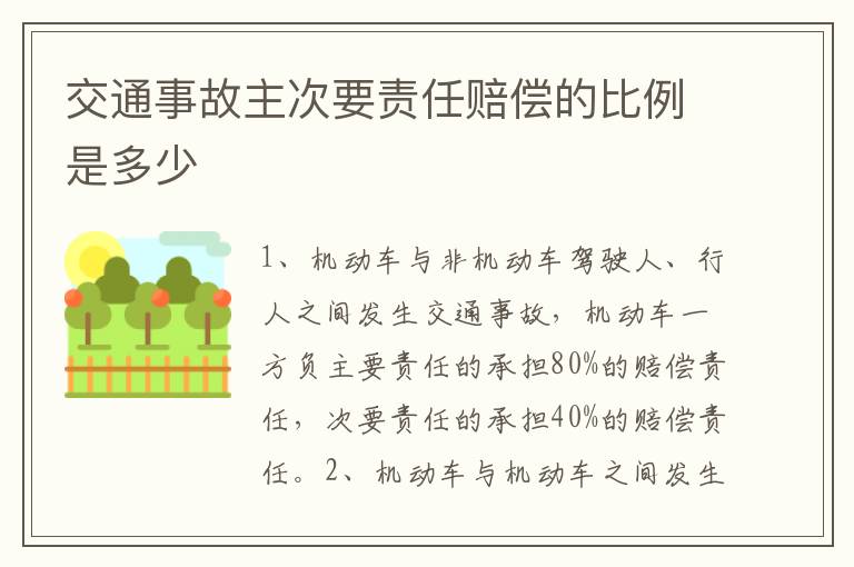 交通事故主次要責任賠償?shù)谋壤嵌嗌?></p>
      <p ><strong>1、第一種是機動車與非機動車駕駛?cè)?、行人之間發(fā)生交通事故;</strong></p><p >機動車與非機動車駕駛?cè)恕⑿腥税l(fā)生交通事故造成人身傷亡、財產(chǎn)損失的，由保險公司在機動車第三者責任強制保險責任限額范圍內(nèi)予以賠償。對超過責任限額的部分，由機動車一方承擔責任;但是，有證據(jù)證明非機動車駕駛?cè)?、行人違反道路交通安全法律、法規(guī)，機動車駕駛?cè)艘呀?jīng)采取必要處置措施的，機動車一方按照以下規(guī)定承擔賠償責任：</p><p >(1)機動車一方在交通事故中負全部責任的，承擔100%的賠償責任;</p><p >(2)機動車一方在交通事故中負主要責任的，承擔80%的賠償責任;</p><p >(3)機動車一方在交通事故中負同等責任的，承擔60%的賠償責任;</p><p >(4)機動車一方在交通事故中負次要責任的，承擔40%的賠償責任;</p><p >(5)機動車一方無責任的，承擔10%的賠償責任;</p><p >(6)非機動車駕駛?cè)?、行人在禁止非機動車和行人通行的城市快速路、高速公路發(fā)生交通事故，機動車一方無責任的，承擔5%的賠償責任。</p><p >交通事故的損失是由非機動車駕駛?cè)?、行人故意造成的，機動車一方不承擔責任。</p><p >非機動車駕駛?cè)?、行人與處于靜止狀態(tài)的機動車發(fā)生交通事故，機動車一方無交通事故責任的，不承擔賠償責任。</p><p >未參加機動車第三者責任強制保險的，由機動車方在該車應(yīng)當投保的最低保險責任限額內(nèi)予以賠償，對超過最低保險責任限額的部分，按照第一款的規(guī)定賠償。</p><p ><strong>2、第二種是機動車與機動車之間發(fā)生交通事故。</strong></p><p >機動車與機動車之間發(fā)生交通事故，由保險公司在機動車第三者責任強制保險責任限額范圍內(nèi)予以賠償。超過責任限額的部分，按照下列方式承擔賠償責任：</p><p >(1)負事故全部責任的，承擔100%的賠償責任;</p><p >(2)負主要責任的，承擔70%的賠償責任;</p><p >(3)負同等責任的，承擔50%的賠償責任;</p><p >(4)負次要責任的，承擔30%的賠償責任;</p><p >(5)無責任的，不承擔賠償責任;</p><p >(6)屬于交通事故意外事故，各方均無責任的，應(yīng)根據(jù)《民法典》和《人身損害賠償司法解釋》的規(guī)定，視具體情況確定雙方的賠償責任;</p><p >(7)屬于不能認定事故責任的，雙方各承擔50%的賠償責任。</p><p >交通事故的主次責任一般都是按照以下的標準來分配的：交通事故主次責任賠償比例分別為百分之七十和百分之三十。因為一方當事人的過錯而導(dǎo)致交通事故的，要承擔全部責任;當事人逃逸，造成現(xiàn)場的變動、證據(jù)滅失，公安機關(guān)交通管理部門無法查證交通事故事實的，逃逸的當事人要承擔全部責任。</p>    </div>
    
   <div   id=