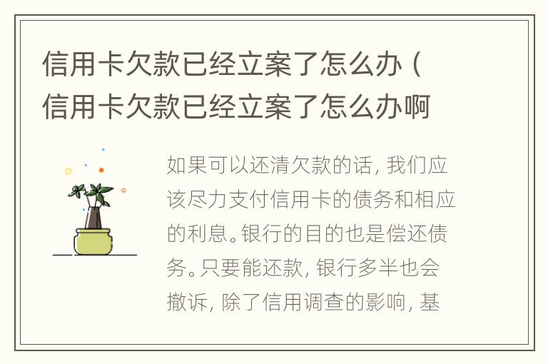 信用卡欠款已經(jīng)立案了怎么辦（信用卡欠款已經(jīng)立案了怎么辦?。?></p>
      <p><strong>　　一、信用卡欠款已經(jīng)立案了怎么辦</strong></p><p>　　1、如果可以還清欠款的話，我們應該盡力支付信用卡的債務和相應的利息。銀行的目的也是償還債務。只要能還款，銀行多半也會撤訴，除了信用調(diào)查的影響，基本上沒有什么大事。</p><p>　　2、如果您確實沒有還款能力，您也可以向銀行負責人解釋自身實際情況，并向銀行列出您的還款計劃和收入來源。情況好的時候，你可以達成和解協(xié)議。銀行也知道，如果你真的沒有可執(zhí)行的財產(chǎn)，起訴的象征意義大于現(xiàn)實。</p><p>　　3、如果真的沒有錢償還，也沒有與銀行協(xié)商的打算。那唯一的后果的就是訴訟。信用卡欺詐除了惡意透支外，一般逾期付款只是一種民事糾紛。對此不要太緊張，積極配合訴訟，其余由法院裁決。</p><p>　　4、對于逾期的信用卡，最重要的是要證明自己并非惡意透支。一般來說，惡意透支包括套現(xiàn)、逃債等等，如果法院認為你是惡意透支，很可能將面臨刑事訴訟。</p><p><strong>　　二、怎樣避免信用卡逾期</strong></p><p>　　1、消費時，結合自身經(jīng)濟情況，不要盲目消費，合理規(guī)劃債務。很多逾期小伙伴就是因為過度消費，才難以還清信用卡。</p><p>　　2、在知道自己即將逾期前，先從朋友親人手上籌款，還清債務，之后再將欠債還清。</p><p>　　3、如果實在沒錢還款，主動和銀行協(xié)商，表明自身情況，看看能不能分期還款。</p><p><strong>　　三、信用卡逾期立案后的流程是什么</strong></p><p>　　1、銀行不會剛剛逾期就立刻起訴持卡人，而是會先進行多次的催繳，如果持卡人仍不肯還款，才會進行起訴。</p><p>　　2、一般銀行會對催繳3個月后仍不肯還款的持卡人進行起訴，但是如果你的欠款金額不大的話，也可能多催繳一段時間。</p><p>　　3、起訴后不構成惡意透支的，屬于民事案件，法院會進行調(diào)解。</p><p>　　4、法院調(diào)解后仍不肯還清債務，構成信用卡詐騙最罪，將會移送公安機關，立為刑事案件。之后案件立為公訴，指控持卡人的惡意透支，很可能會有五到二十年的刑期。</p><p>　　欠款逾期不要慌，法務輔助協(xié)商，專業(yè)團隊律師為您1對1策劃還款方案。</p><p></p>    </div>
    
   <div   id=