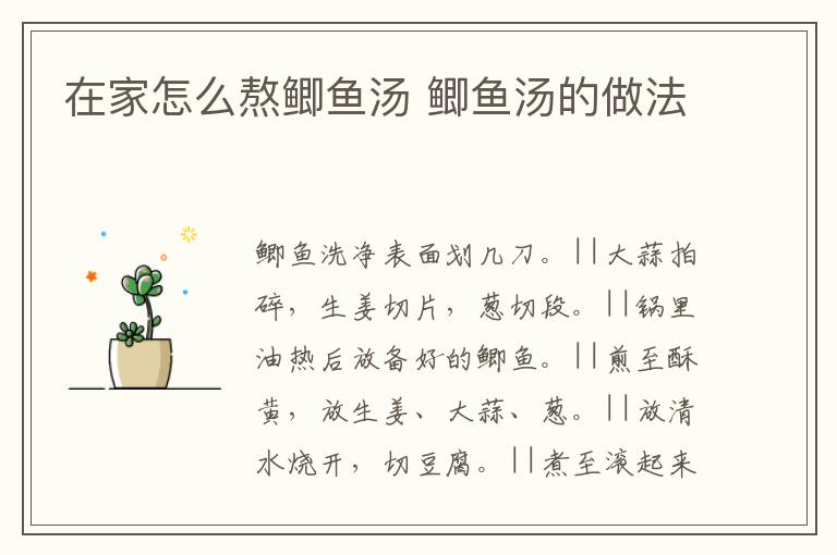 在家怎么熬鯽魚湯 鯽魚湯的做法