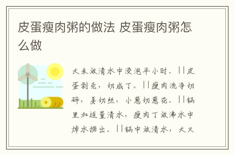 皮蛋瘦肉粥的做法 皮蛋瘦肉粥怎么做