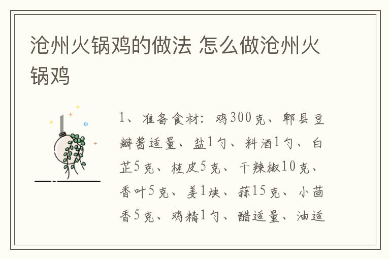 滄州火鍋雞的做法 怎么做滄州火鍋雞